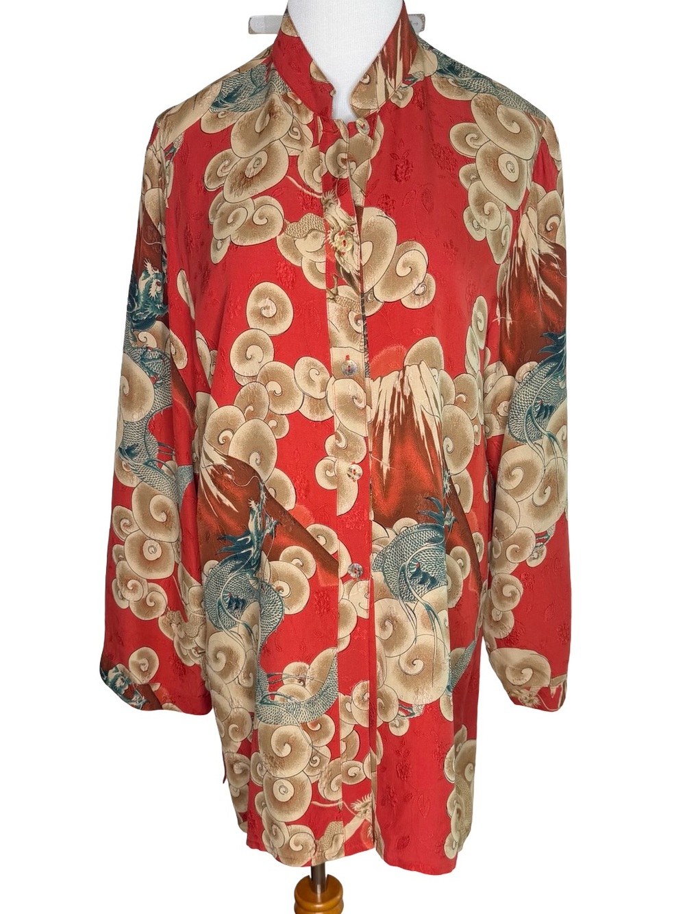 Citron Santa Monica Red Dragon Print Tunic Size Large Red Button Front 100% Silk